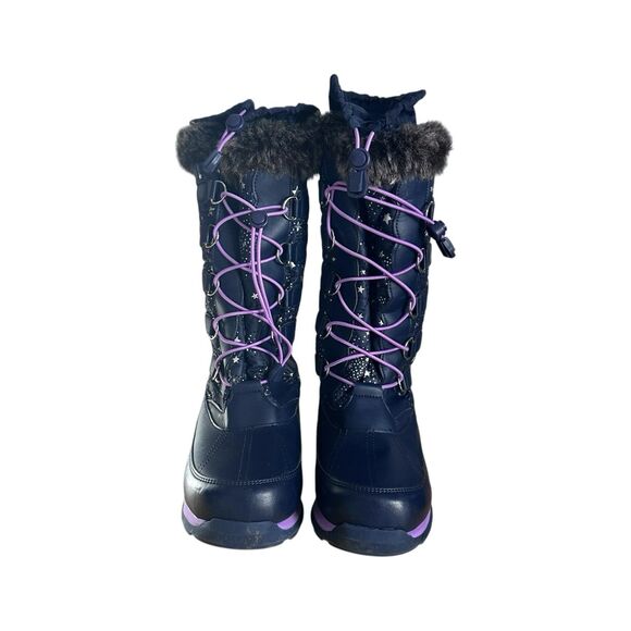 Lands End Youth Girls Sz 6 M Navy Purple Lace Trim Stars Rain Snow Winter Boots - Picture 3 of 9